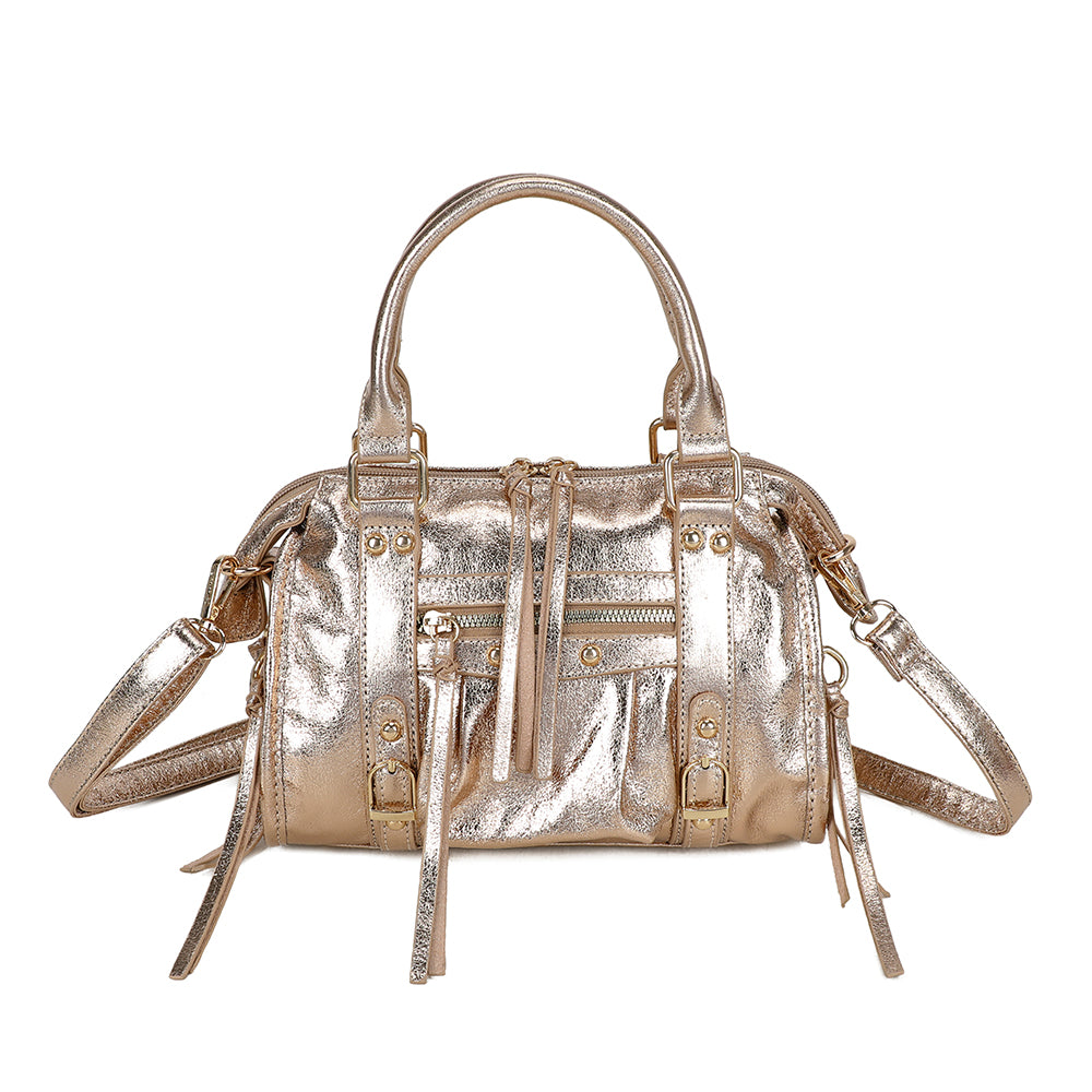 Sac à main femme Le Skyla Brillant champagne, synthétique métallisé, clous et franges – Gallantry Paris – réf. Z-1979-A