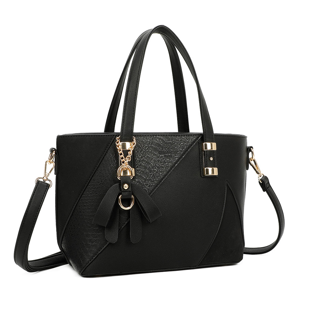 L’Ingénieuse Mini noir de trois-quarts : empiècement effet croco et chaînette dorée – réf. Z-9329-34