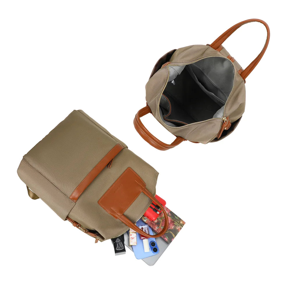 Intérieur du sac Adria taupe : grand compartiment principal fermé par un zip doré – réf. A-9135