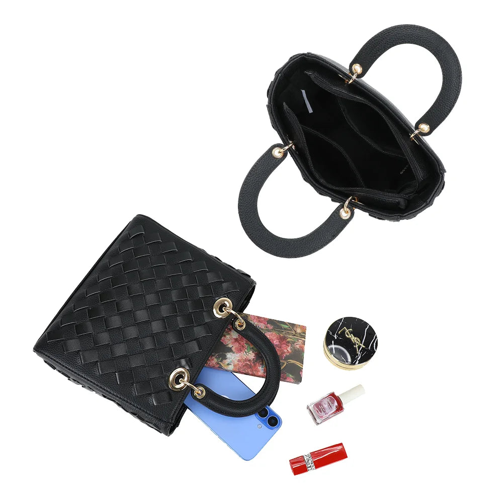 Intérieur de l’Allure Tressée noir : compartiments et poches pour ranger téléphone et essentiels – réf. DG-5816