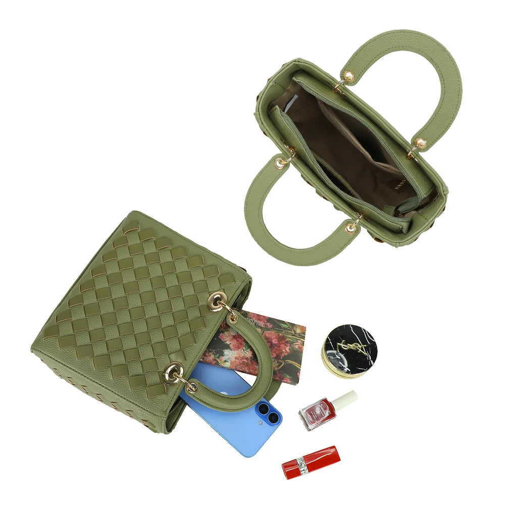 Intérieur de l’Allure Tressée vert : compartiments et poches pour ranger téléphone et essentiels – réf. DG-5816