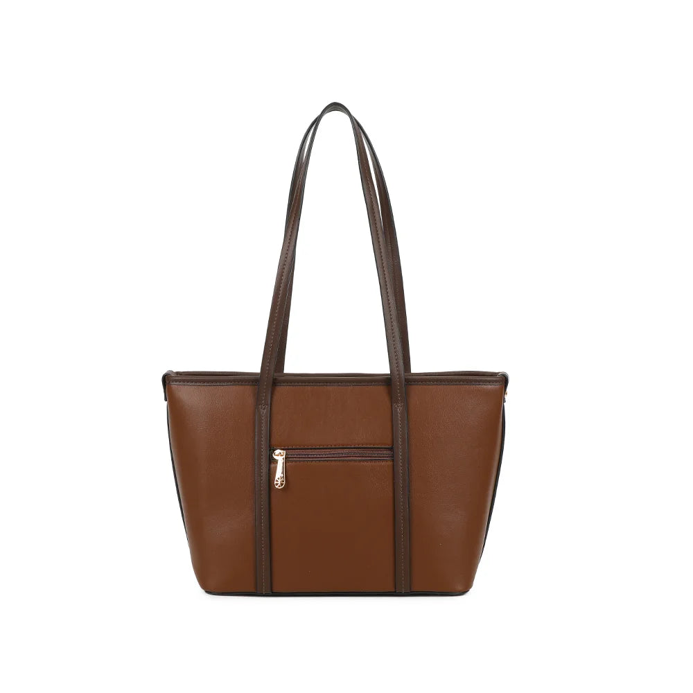 Dos du cabas Alméa marron, lignes sobres et anses d’épaule cousues sur le corps du sac