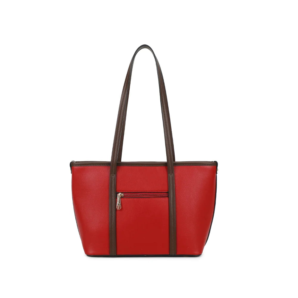 Dos du cabas Alméa rouge, lignes sobres et anses d’épaule cousues sur le corps du sac
