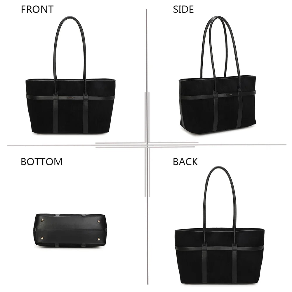 Althéa noir sous quatre angles : face, côté, dessous et dos de ce grand sac à main – réf. R-2025