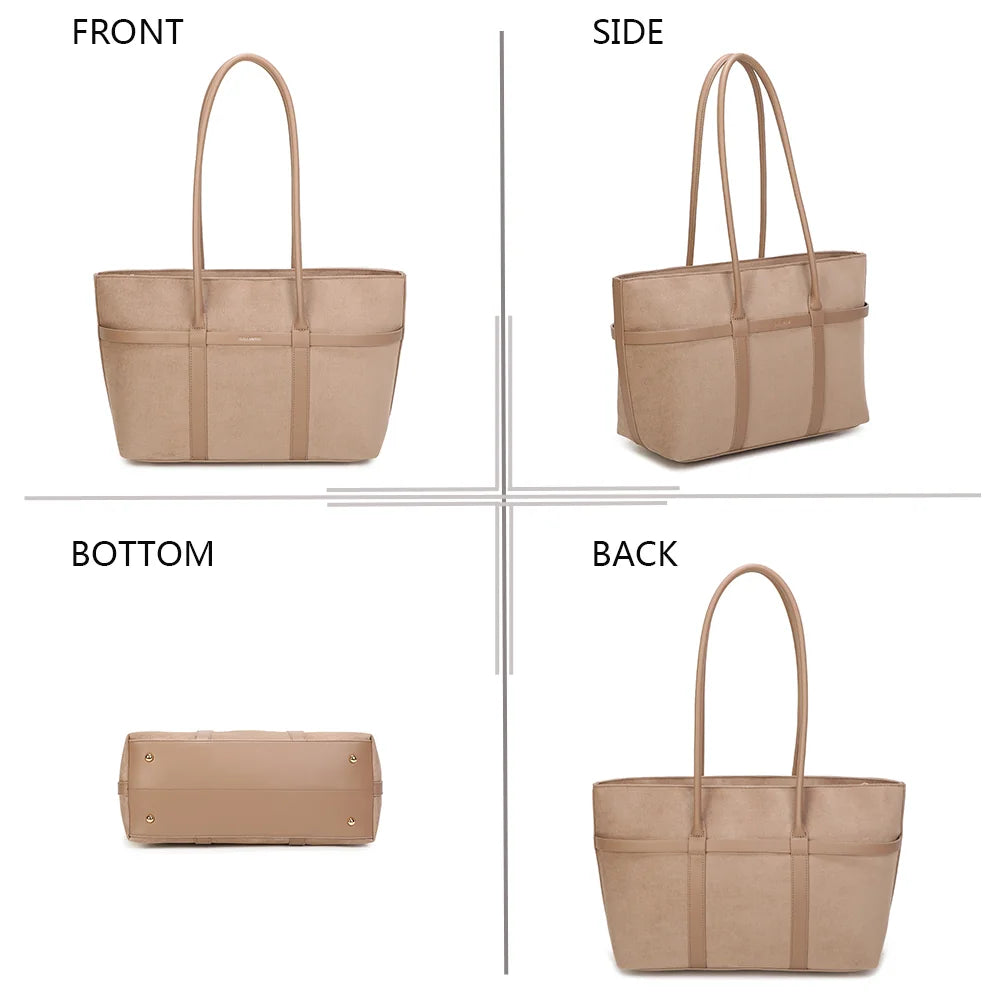 Althéa taupe foncé sous quatre angles : face, côté, dessous et dos de ce grand sac à main – réf. R-2025
