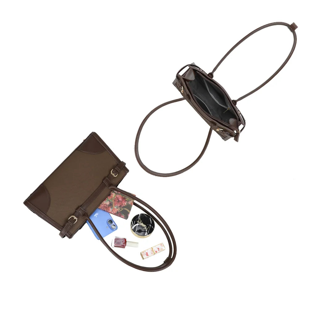 Intérieur du sac Amarante marron : compartiment doublé, poche zippée, place pour téléphone et maquillage