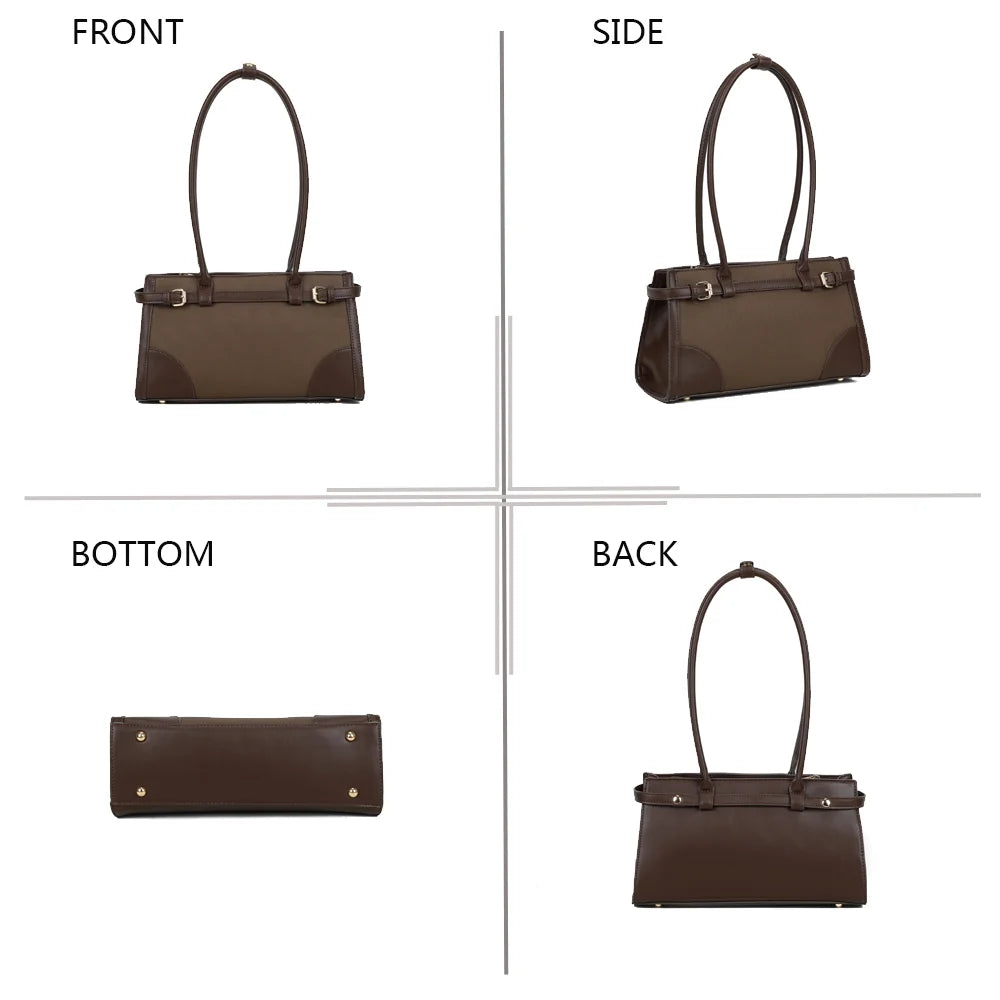 Amarante marron sous tous les angles : face, côté, dessous et dos de ce sac porté épaule
