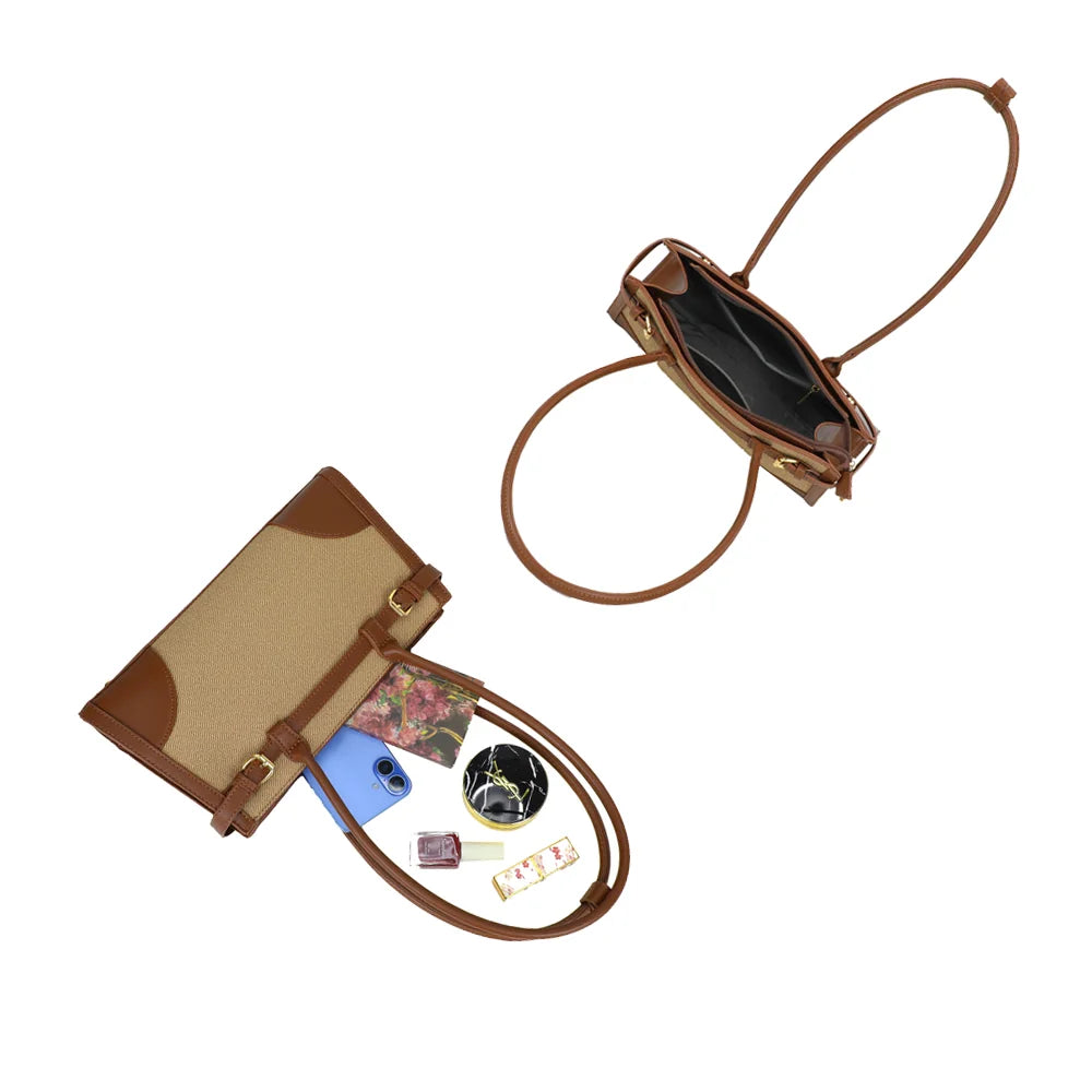 Intérieur du sac Amarante taupe foncé : compartiment doublé, poche zippée, place pour téléphone et maquillage