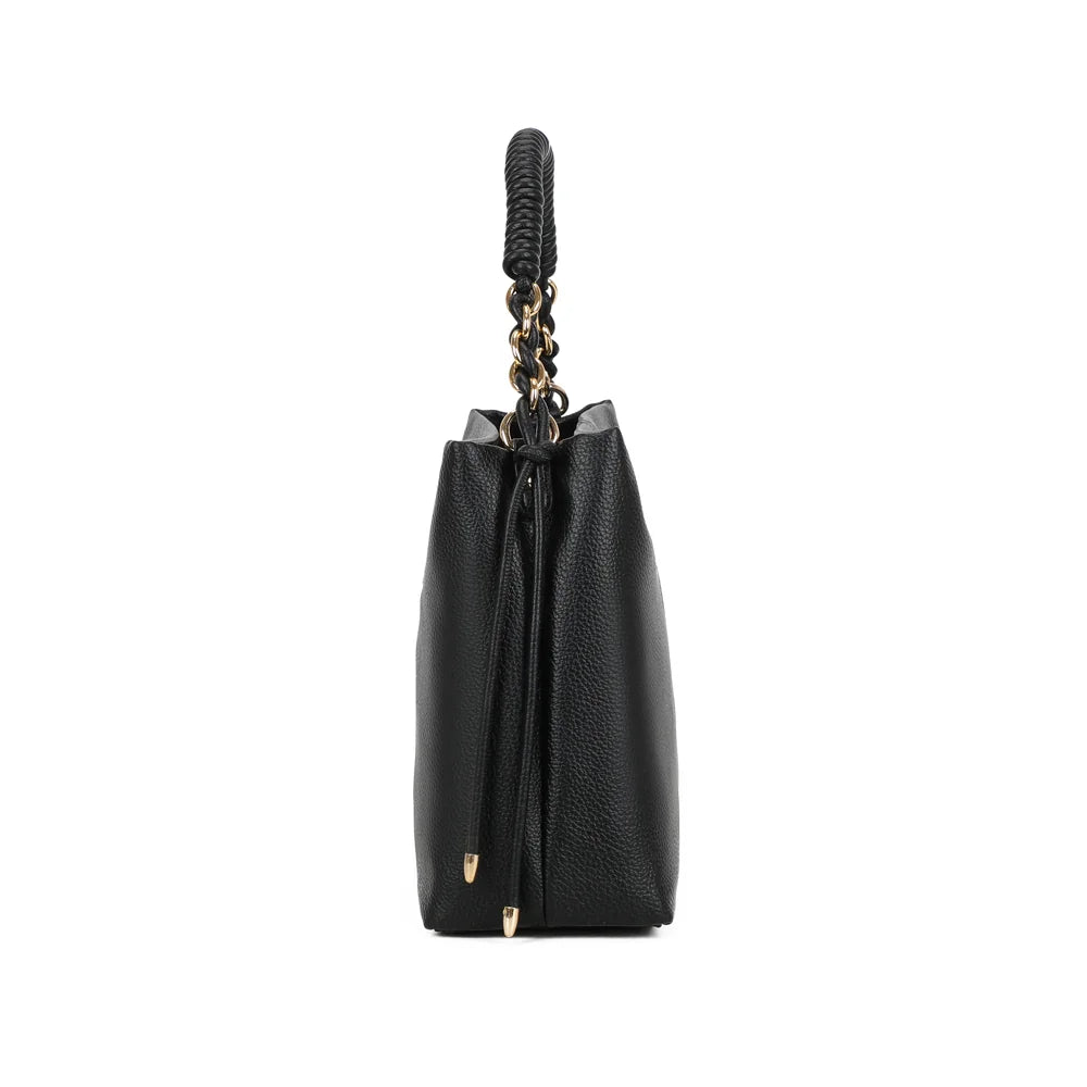 Profil du sac Amélie noir : 12 cm de profondeur et cordons noués à embouts dorés sur le côté – réf. JC-53005