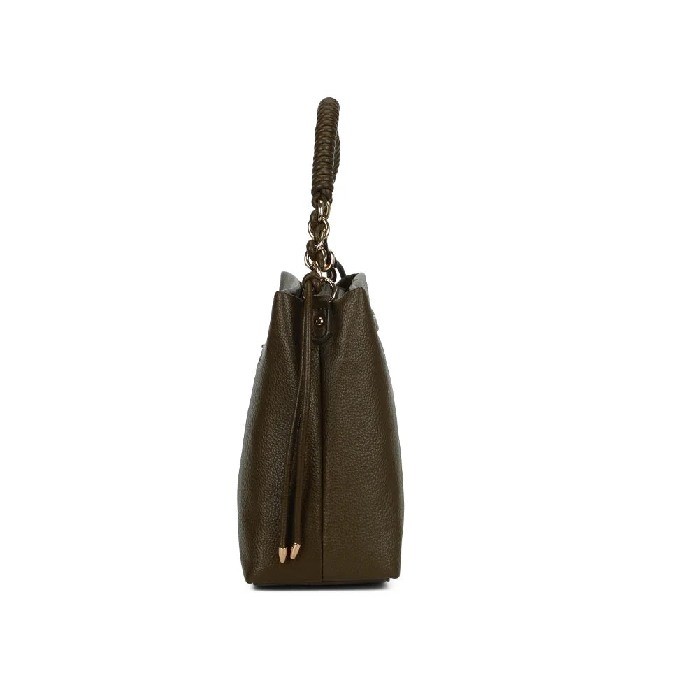 Profil du sac Amélie vert foncé : 12 cm de profondeur et cordons noués à embouts dorés sur le côté – réf. JC-53005