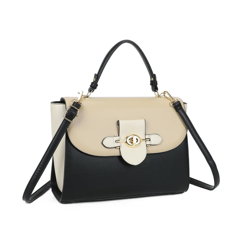 Améline taupe vu de trois quarts : silhouette structurée et soufflets crème contrastants – réf. DQ-8720