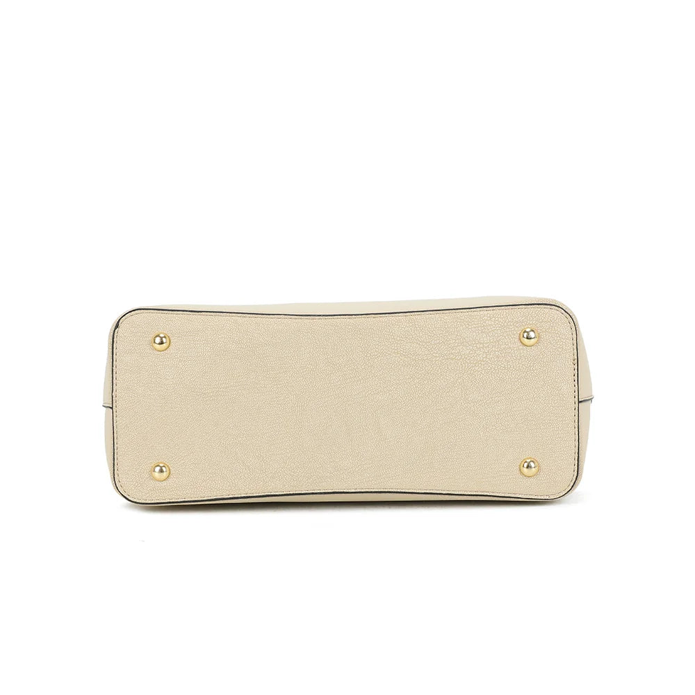 Dessous du sac Aria taupe/coffee, base plate et structurée qui lui permet de tenir droit – réf. DQ-8714