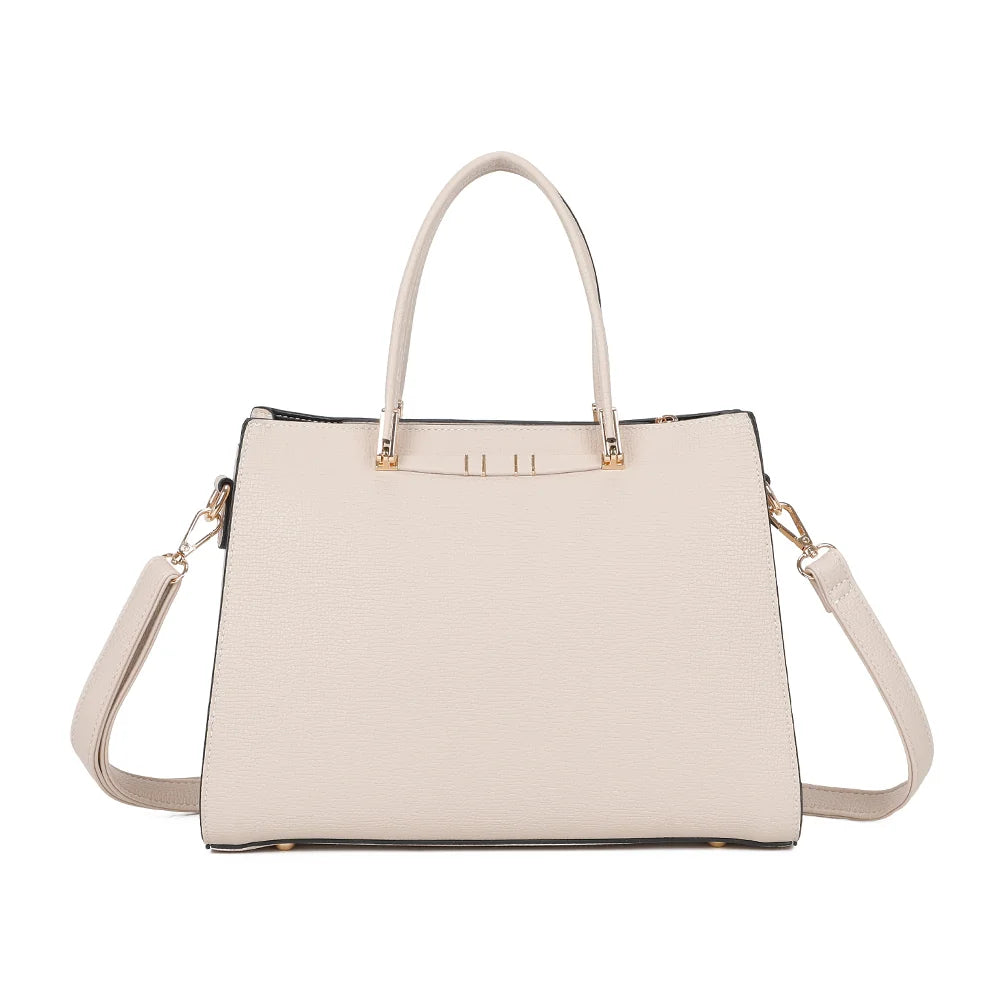 Vue de dos de l’Ariane beige en simili cuir grainé, avec ses deux anses et ses accessoires dorés – réf. R-1973