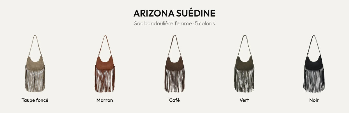 Sac bandoulière à franges Arizona Suédine en 5 coloris : Taupe foncé, Marron, Coffee, Vert et Noir – Gallantry Paris