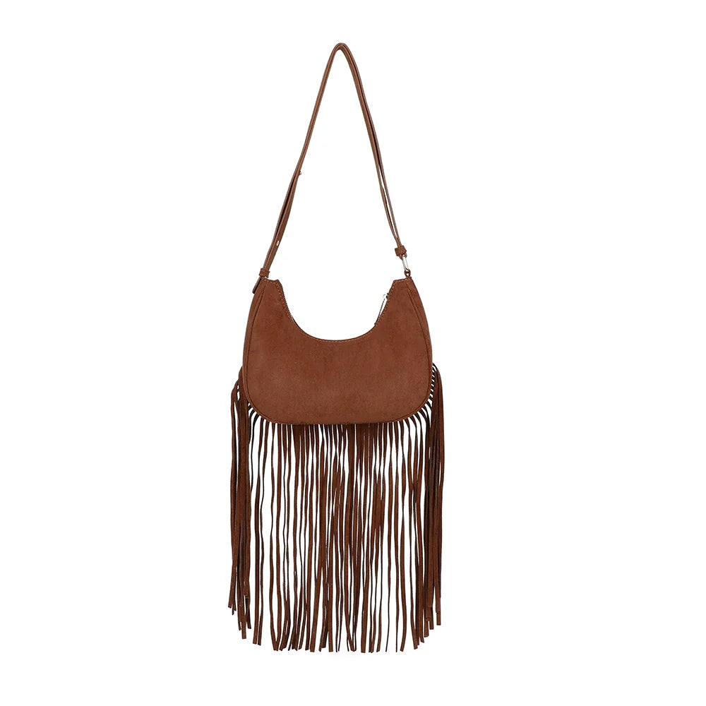 Dos du sac Arizona Suédine marron, bandoulière d’épaule et franges sur toute la largeur
