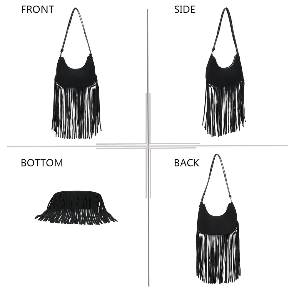 Arizona Suédine noir sous quatre angles : face, côté, dessous et dos avec ses longues franges