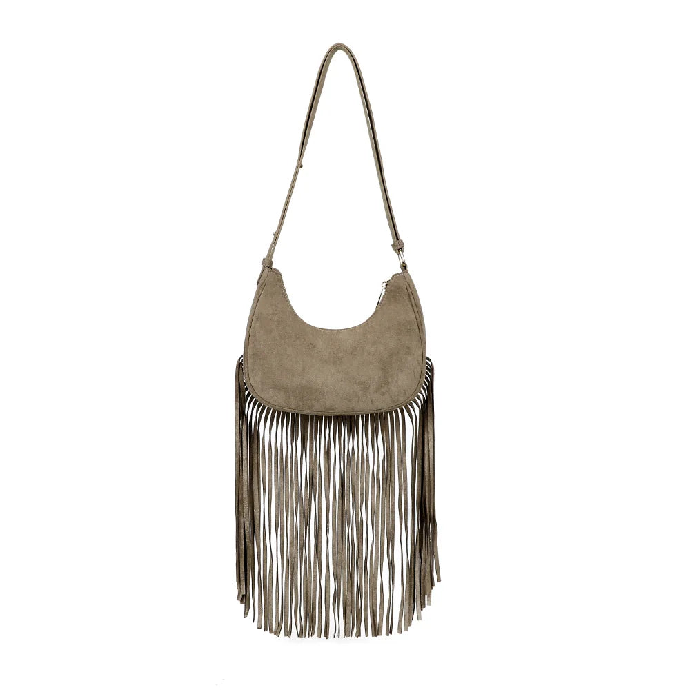 Dos du sac Arizona Suédine taupe foncé, bandoulière d’épaule et franges sur toute la largeur
