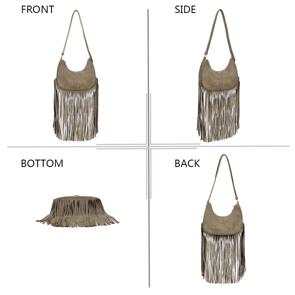 Arizona Suédine taupe foncé sous quatre angles : face, côté, dessous et dos avec ses longues franges