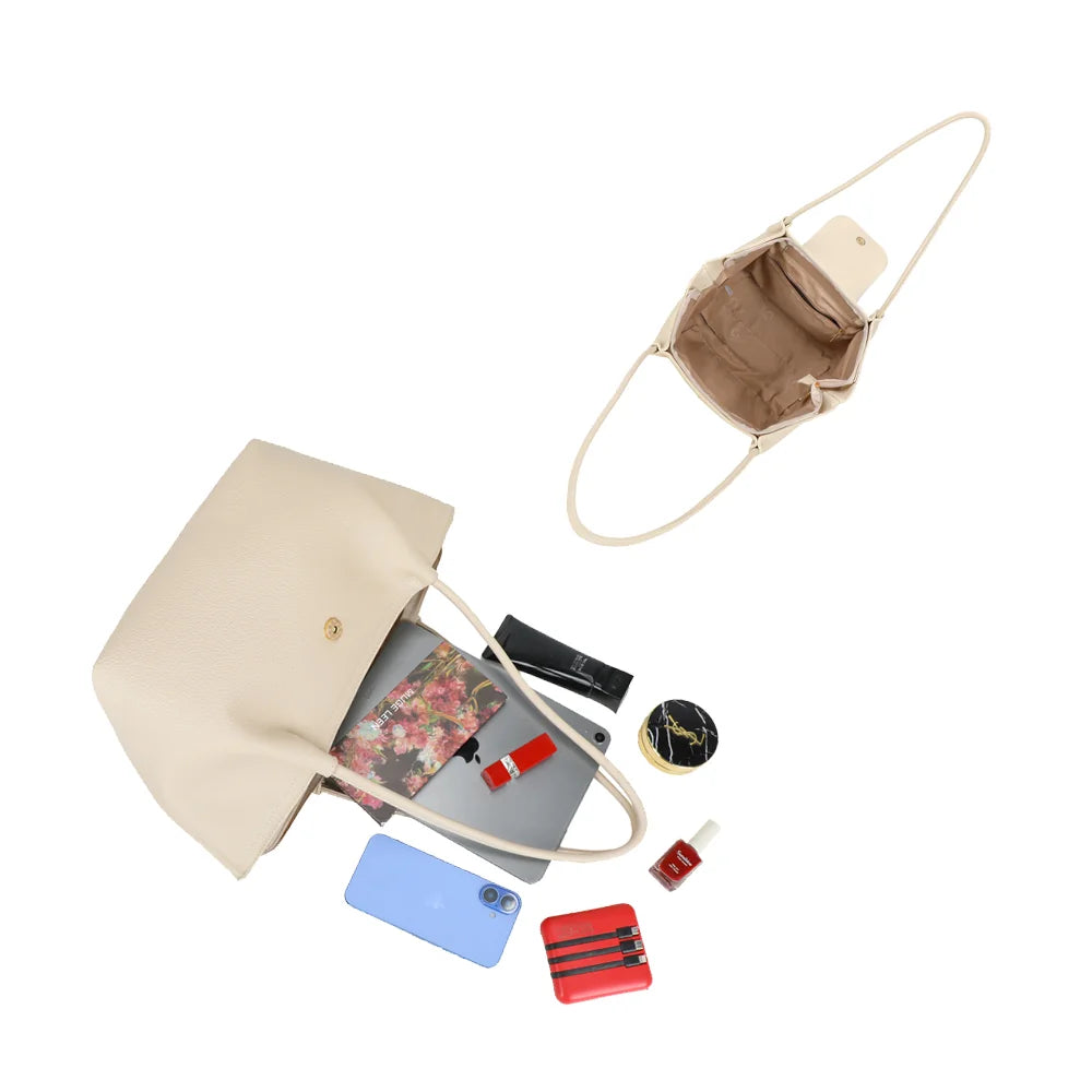 Intérieur de l’Aura Soft beige : doublure synthétique, place pour tablette, téléphone et maquillage – réf. R-2033