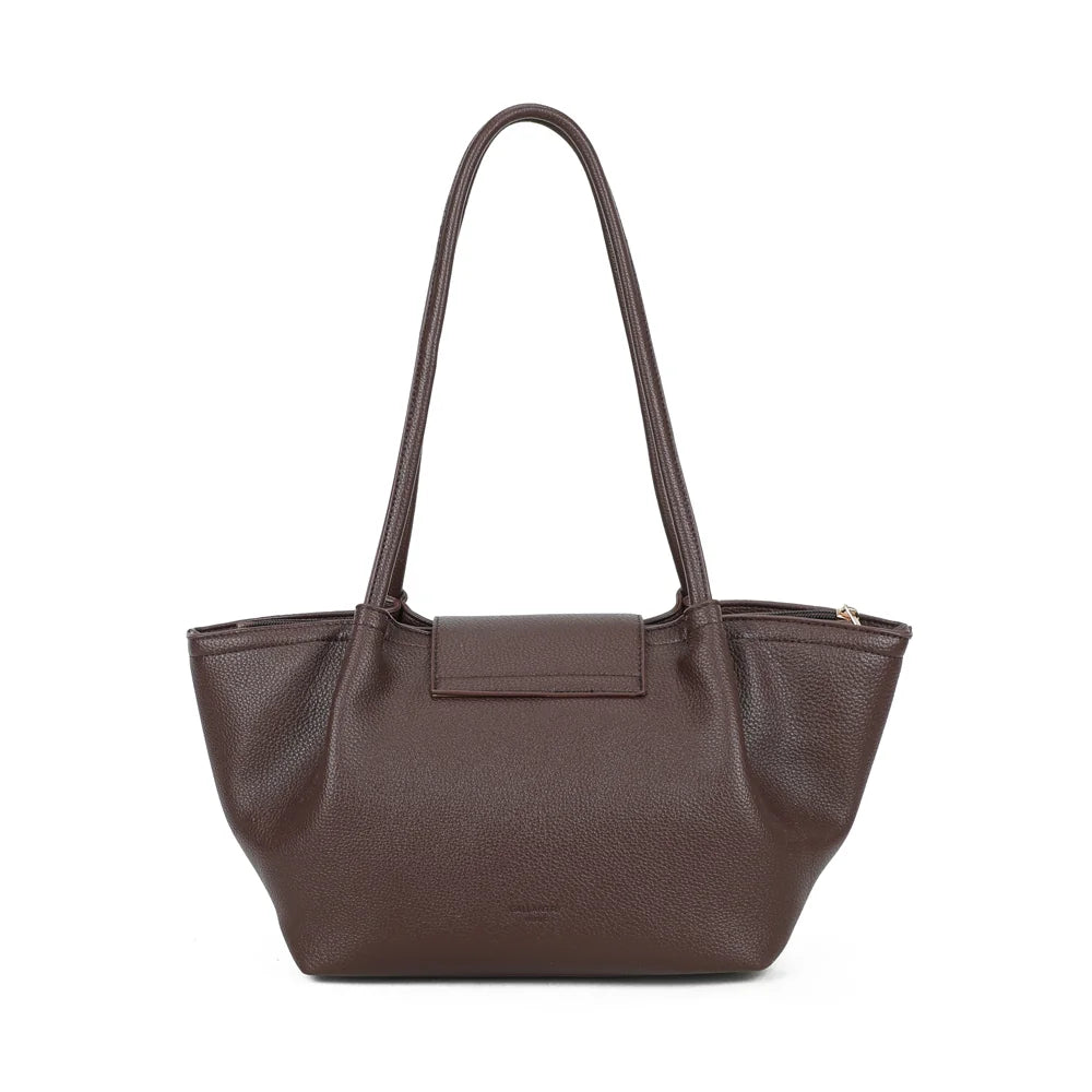 Dos de l’Aura Soft café, simili cuir grainé uni et anses rondes fixées de chaque côté du sac – réf. R-2033
