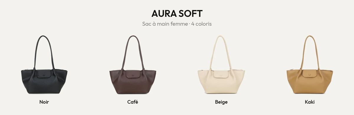 Sac à main femme Aura Soft en simili cuir grainé, coloris Noir, Coffee, Beige et Khaki – Gallantry Paris – réf. R-2033