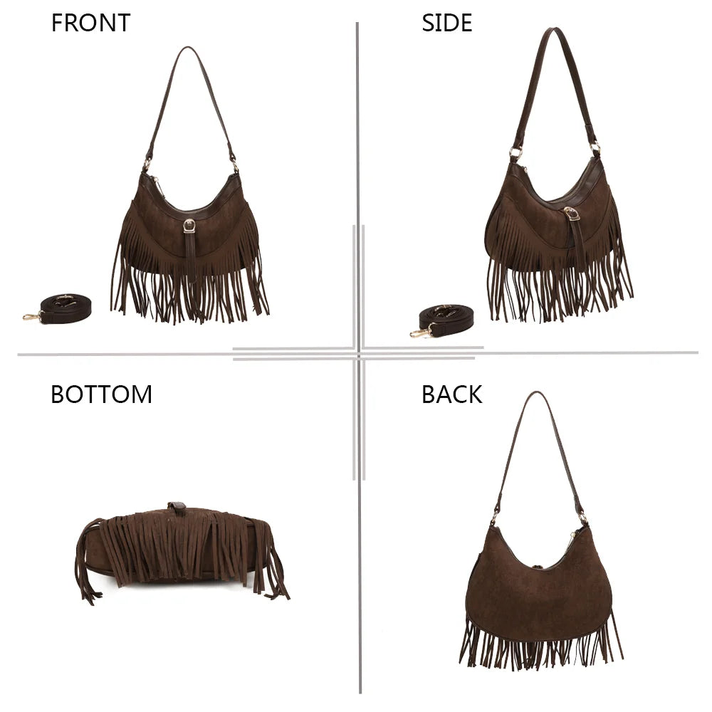 Auréa café sous quatre angles : face, profil, dessous et dos du sac à franges – réf. R-2023