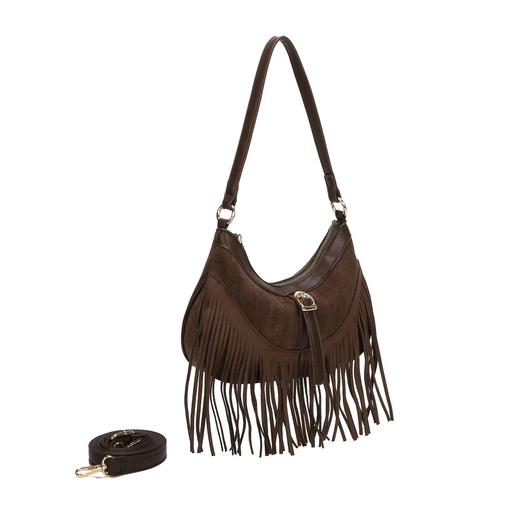 Auréa café de trois quarts : silhouette arrondie, zip sur le dessus et franges fluides – réf. R-2023