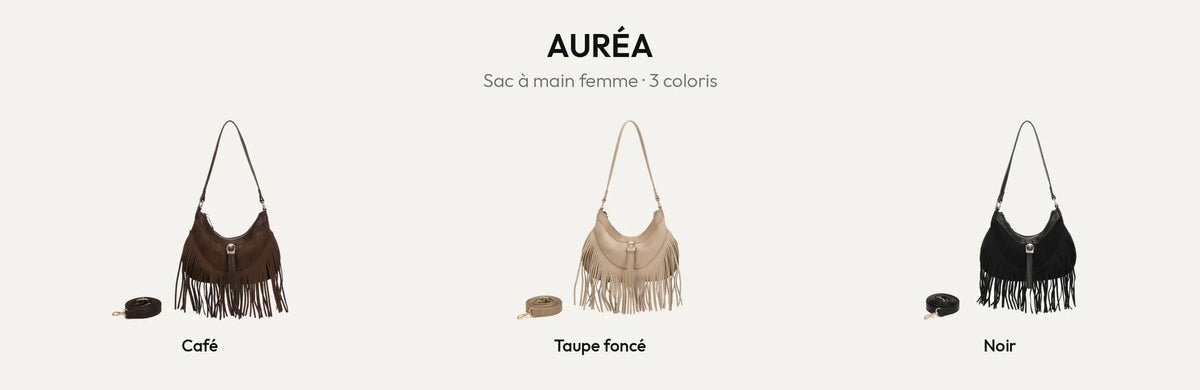 Sac à main femme à franges Auréa en coloris Coffee, Taupe foncé et Noir – Gallantry Paris – réf. R-2023
