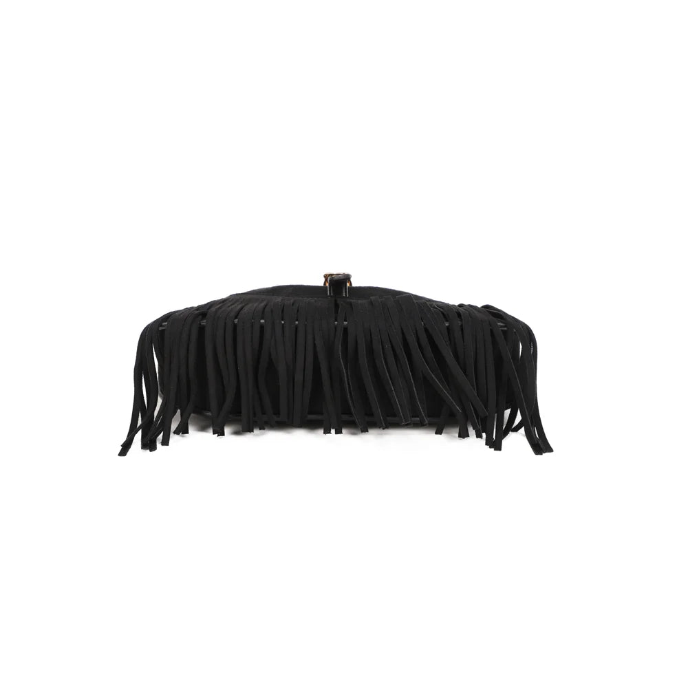 Dessous d’Auréa noir, entouré de ses longues franges effet suédine – réf. R-2023