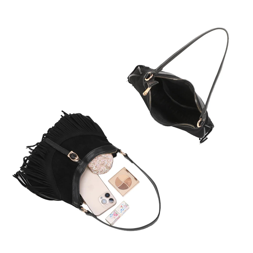 Intérieur d’Auréa noir ouvert : compartiment zippé et poche plaquée pour smartphone et clés – réf. R-2023