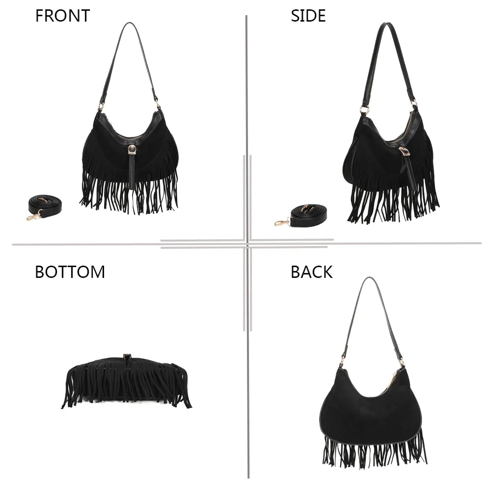 Auréa noir sous quatre angles : face, profil, dessous et dos du sac à franges – réf. R-2023