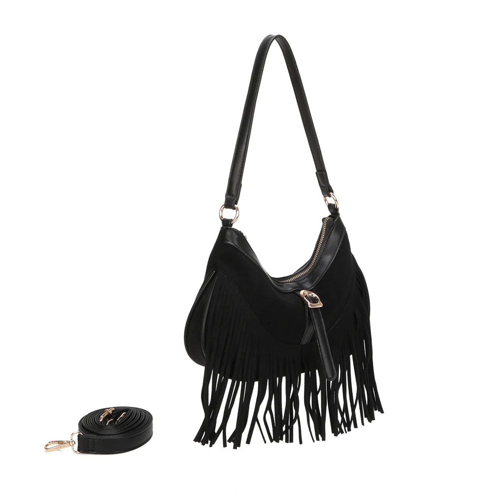 Auréa noir de trois quarts : silhouette arrondie, zip sur le dessus et franges fluides – réf. R-2023