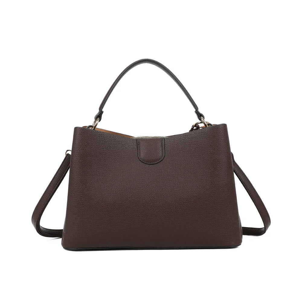 Dos du sac Aurélia café, lignes épurées et poignée unique aux attaches en métal doré – réf. DQ-8711