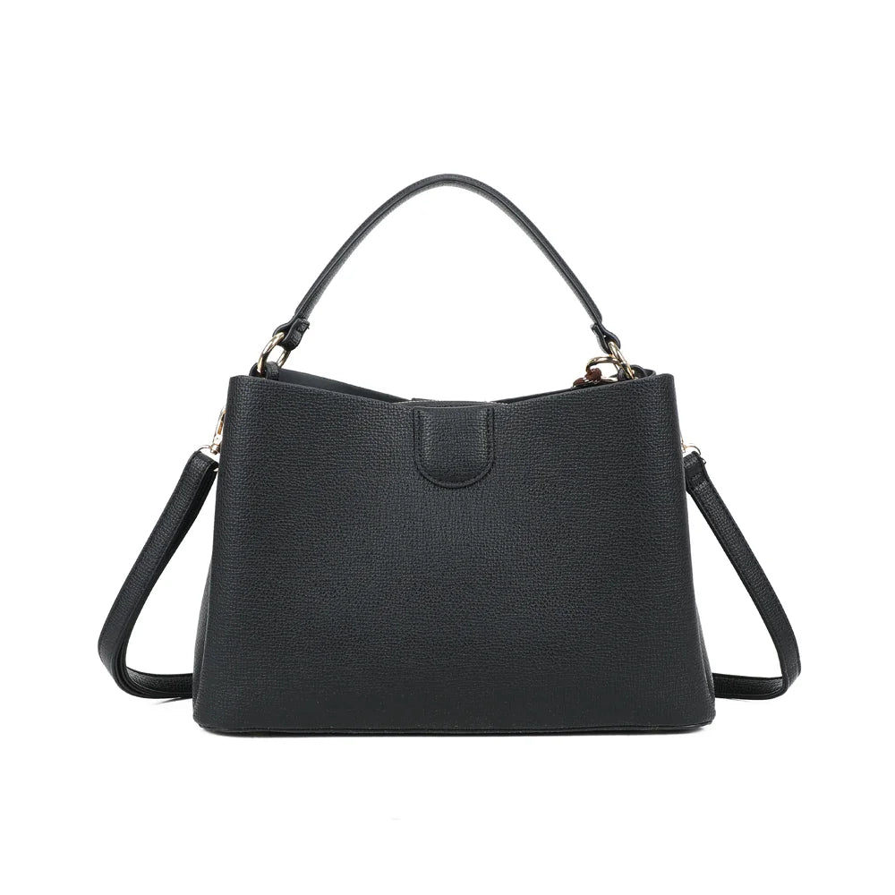 Dos du sac Aurélia noir, lignes épurées et poignée unique aux attaches en métal doré – réf. DQ-8711