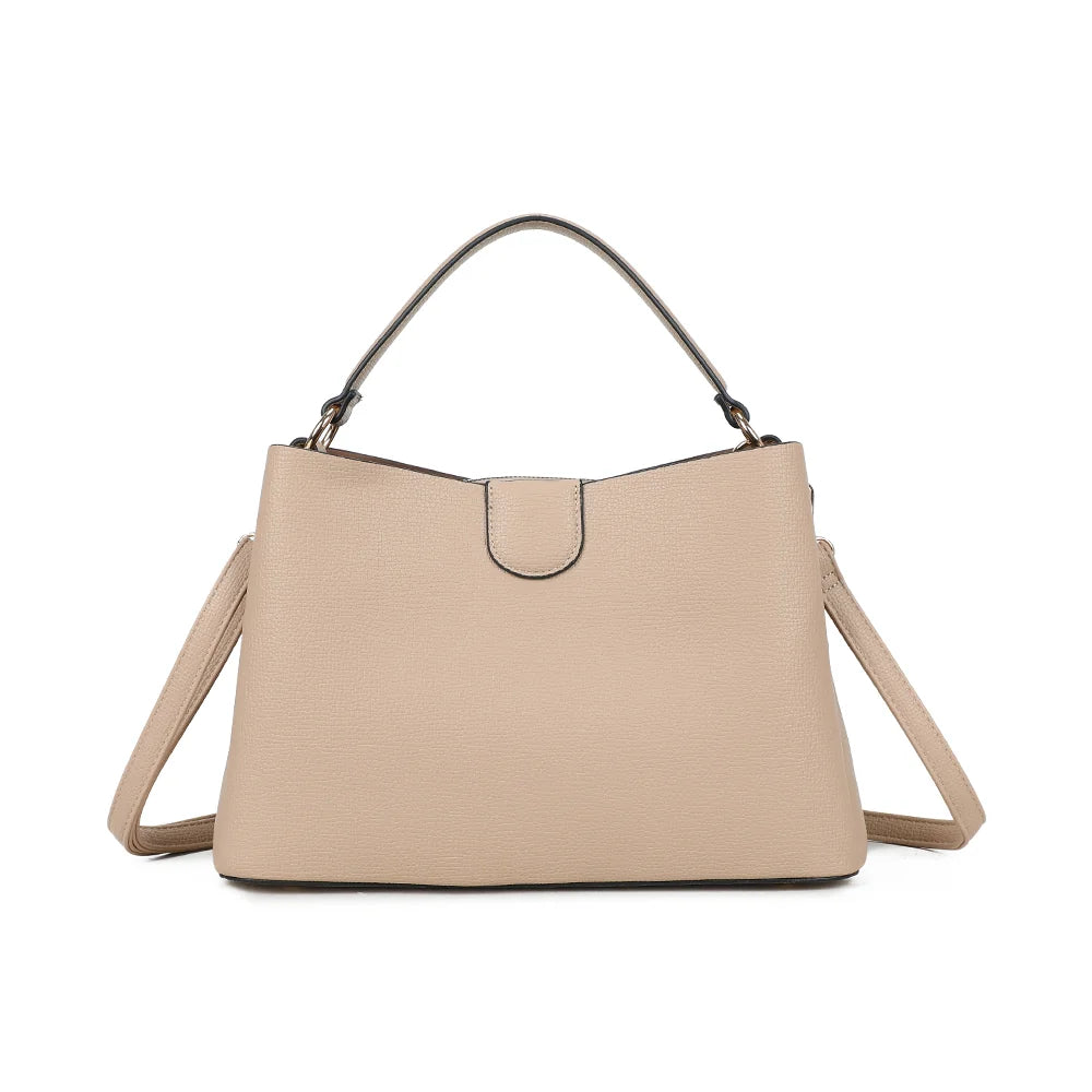 Dos du sac Aurélia taupe, lignes épurées et poignée unique aux attaches en métal doré – réf. DQ-8711