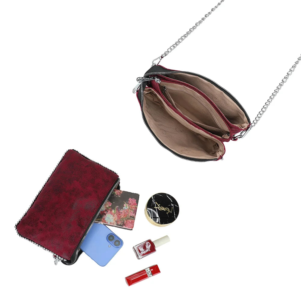Intérieur du sac Aurora bordeaux : compartiments zippés pour téléphone, poudrier et rouge à lèvres – réf. KJ-62015