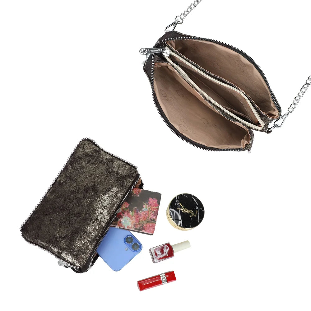 Intérieur du sac Aurora thegold : compartiments zippés pour téléphone, poudrier et rouge à lèvres – réf. KJ-62015