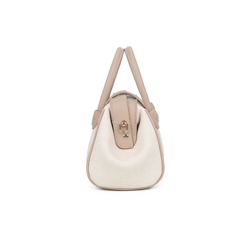 Aurore beige/taupe de profil : côté évasé et mousqueton doré pour accrocher la bandoulière amovible – réf. A-9145