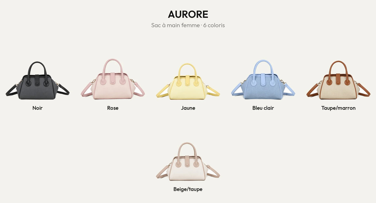 Sac à main femme Aurore en six coloris : noir, rose, jaune, bleu clair, taupe/marron et beige/taupe – Gallantry Paris – réf. A-9145