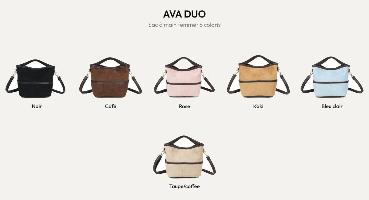 Sac à main femme Ava Duo effet suédine en 6 coloris : Noir, Coffee, Rose, Khaki, Bleu Clair, Taupe/coffee – Gallantry Paris – réf. R-2026