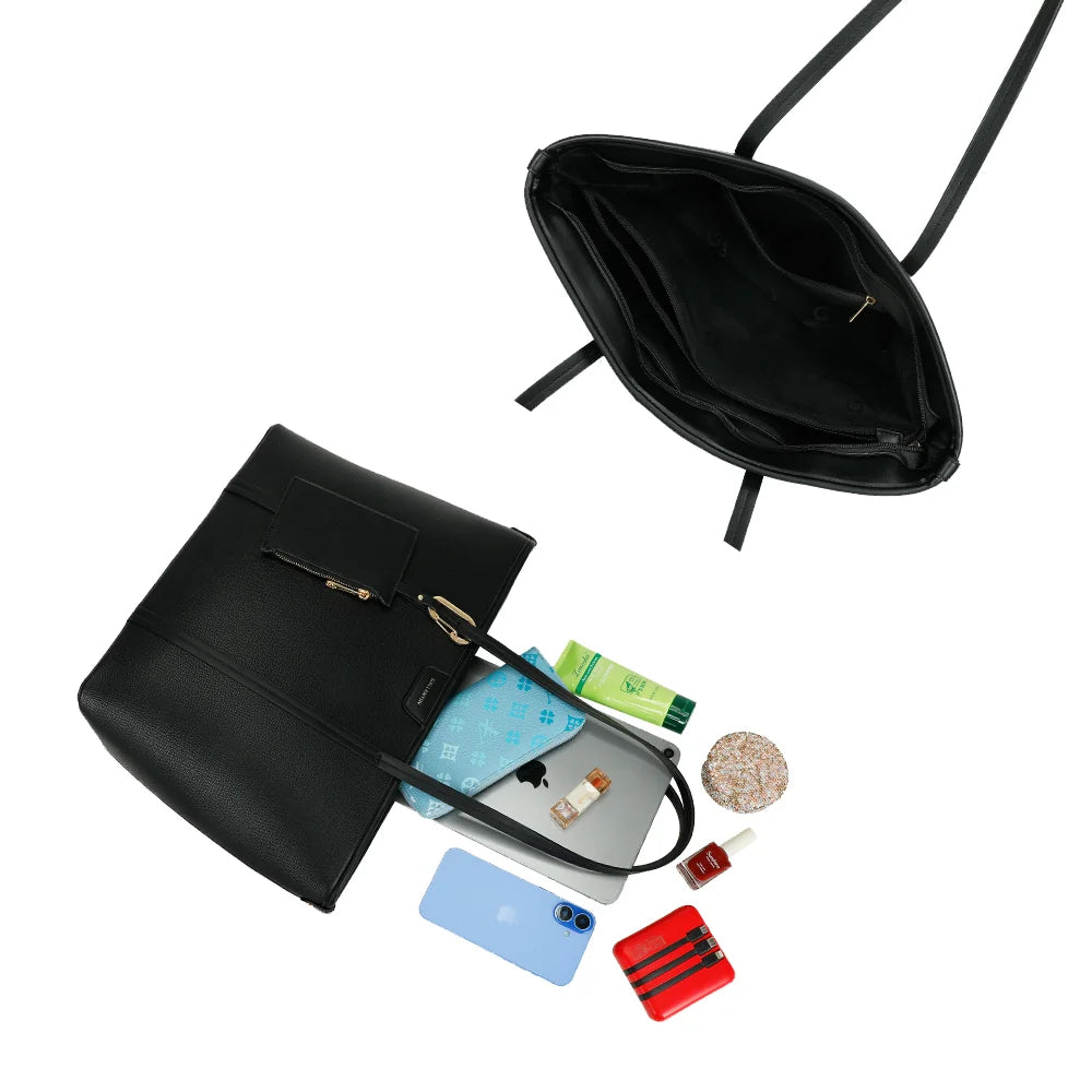 Intérieur du cabas Aveline noir : compartiments, poche zippée et place pour un ordinateur compact – réf. M-9442-2