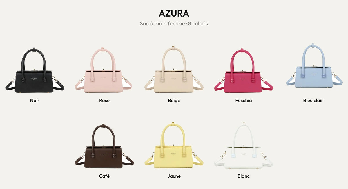 Le sac à main Azura dans ses 8 coloris : Noir, Rose, Beige, Fuschia, Bleu Clair, Coffee, Jaune et Blanc – Gallantry Paris – réf. YL-26016-1