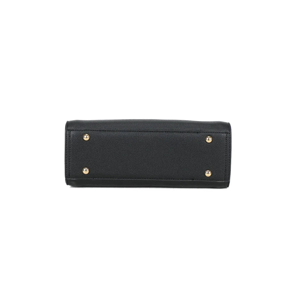 Dessous du sac Azure noir : base structurée posée sur des pieds métalliques dorés protecteurs – réf. R-1973-S