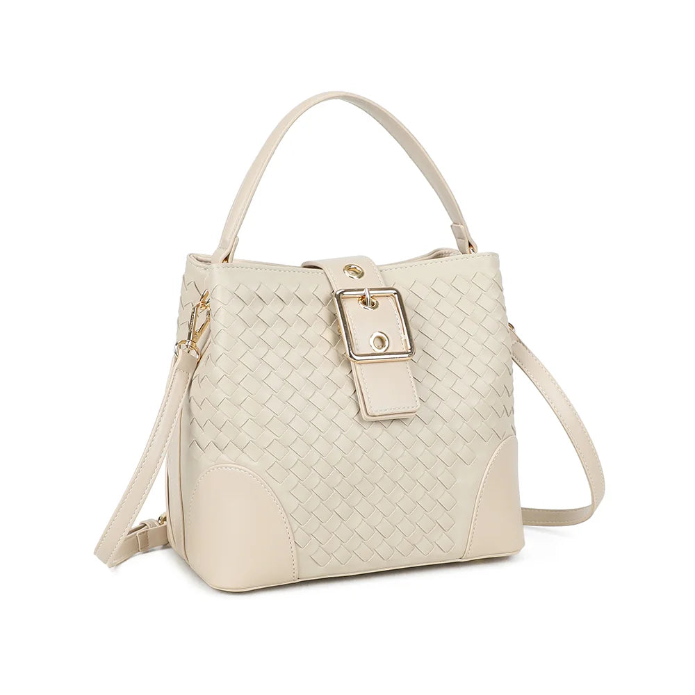Bellevue beige vu de trois quarts : silhouette structurée, effet tressé et coins lisses contrastés – réf. DG-5807