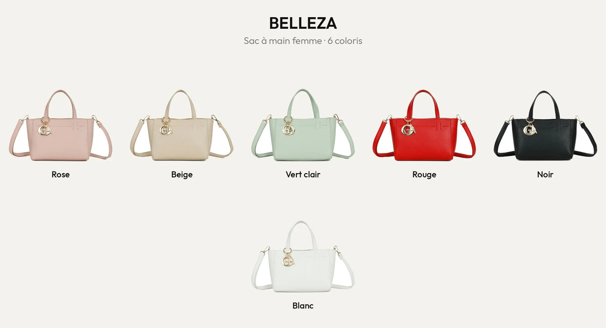 Sac à main Belleza en simili cuir grainé, en six coloris : rose, beige, vert clair, rouge, noir et blanc – Gallantry Paris – réf. Z-83077
