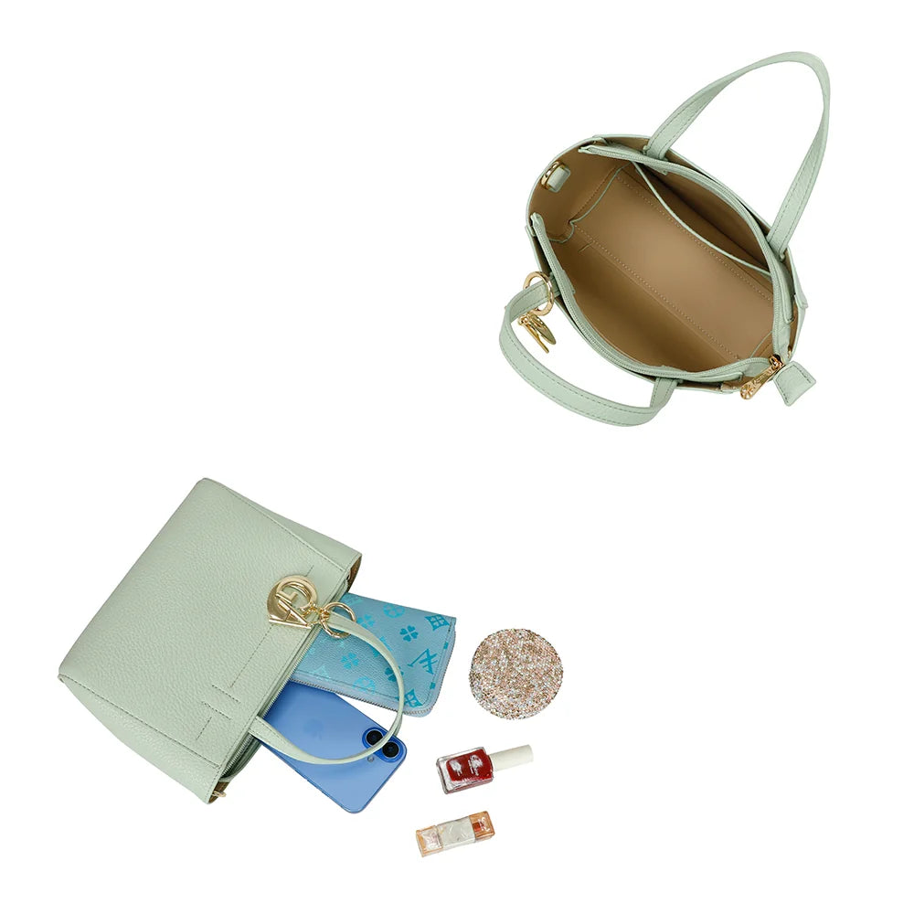 Intérieur du Belleza vert clair : fermeture zippée et compartiment doublé pour téléphone et portefeuille – réf. Z-83077