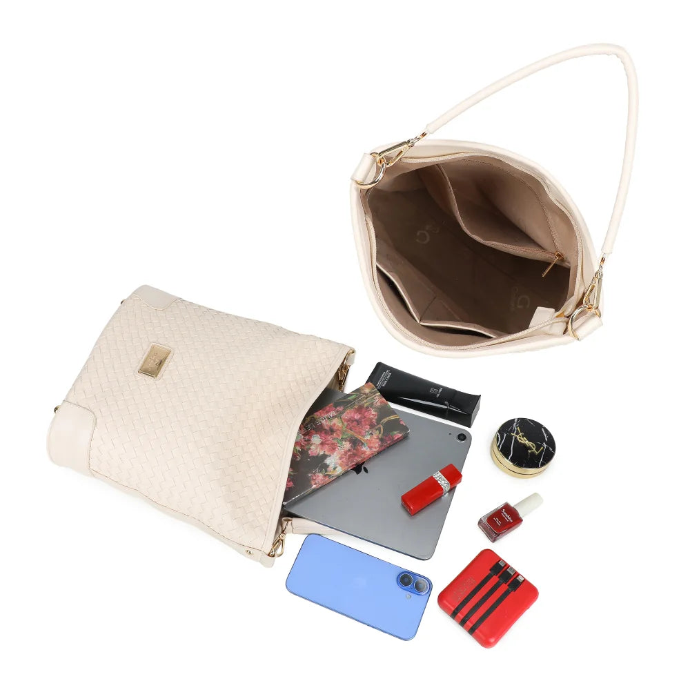 Intérieur du Bellina beige : poches plaquées, poche zippée et place pour une tablette – réf. M-9271-10