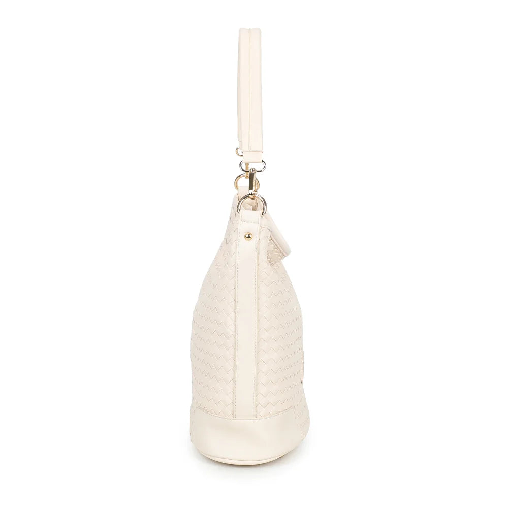 Profil du Bellina beige : 15 cm de profondeur et mousquetons dorés de l’anse – réf. M-9271-10