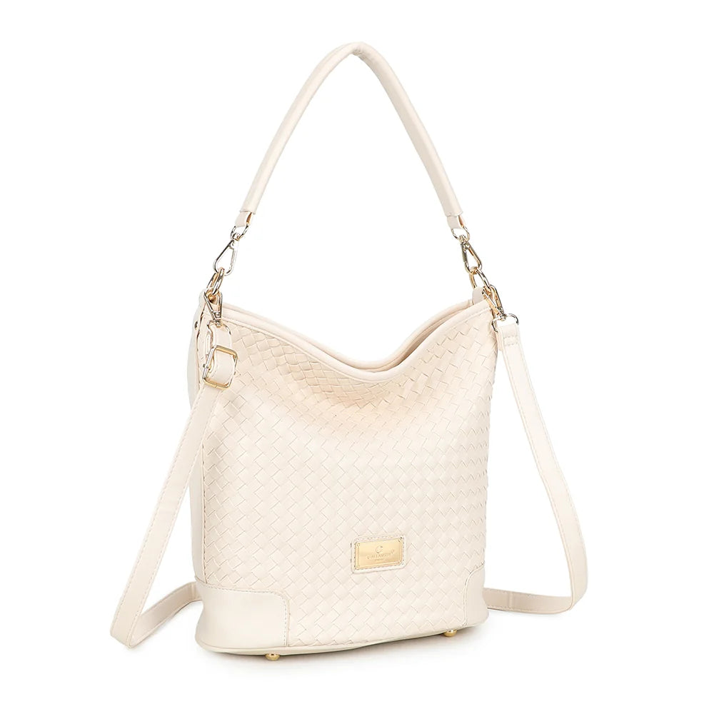 Bellina beige vu de trois quarts : silhouette souple et tressage sur toute la face – réf. M-9271-10