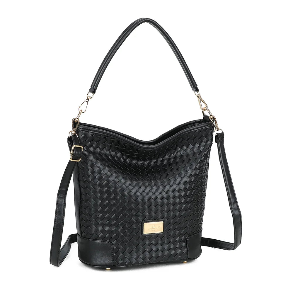 Bellina noir vu de trois quarts : silhouette souple et tressage sur toute la face – réf. M-9271-10